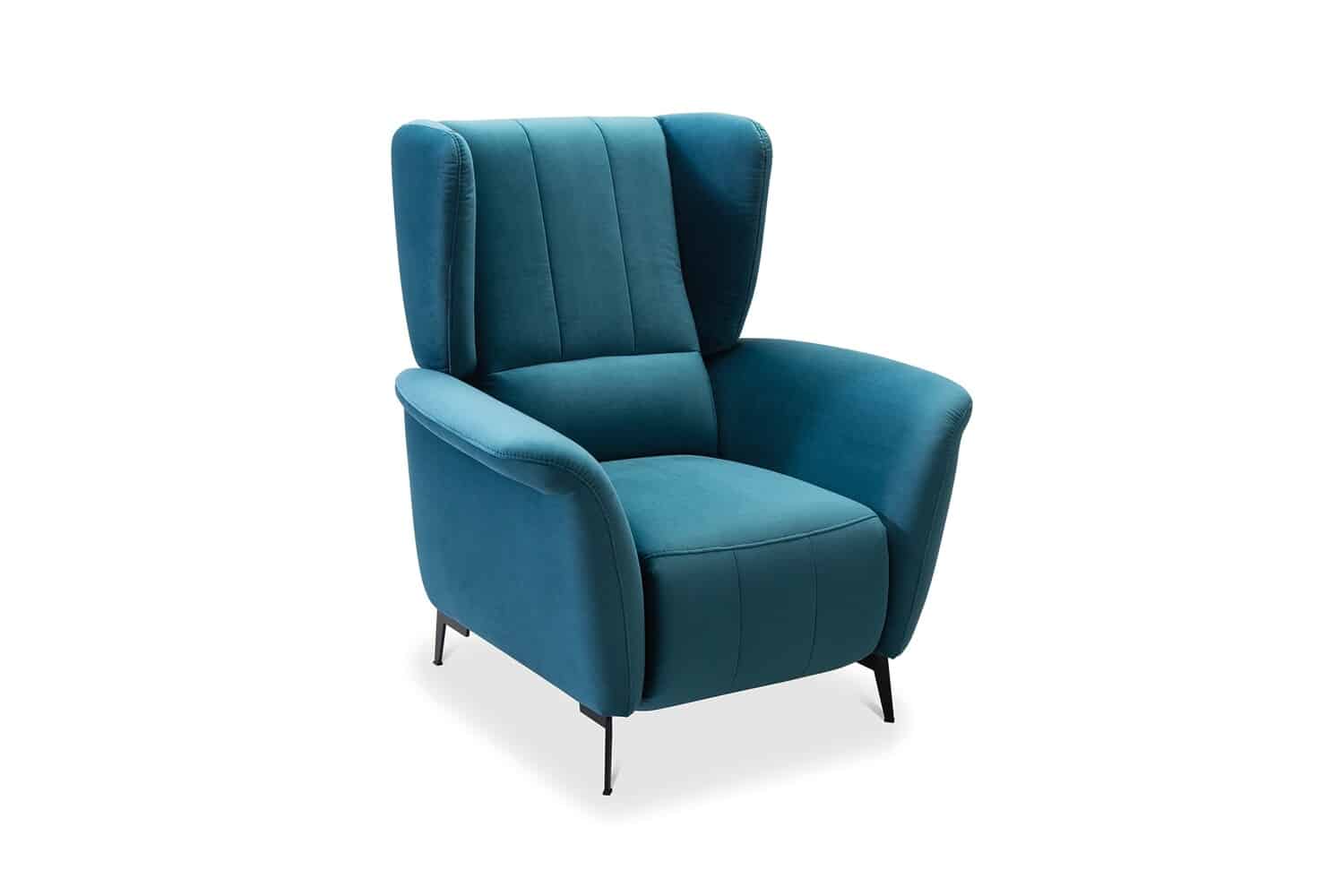 Fotoliu de calitate în stil scandinav cu funcție opțională de relaxare (manuală), suport pentru picioare (pouf) asortat, picioare metalice.